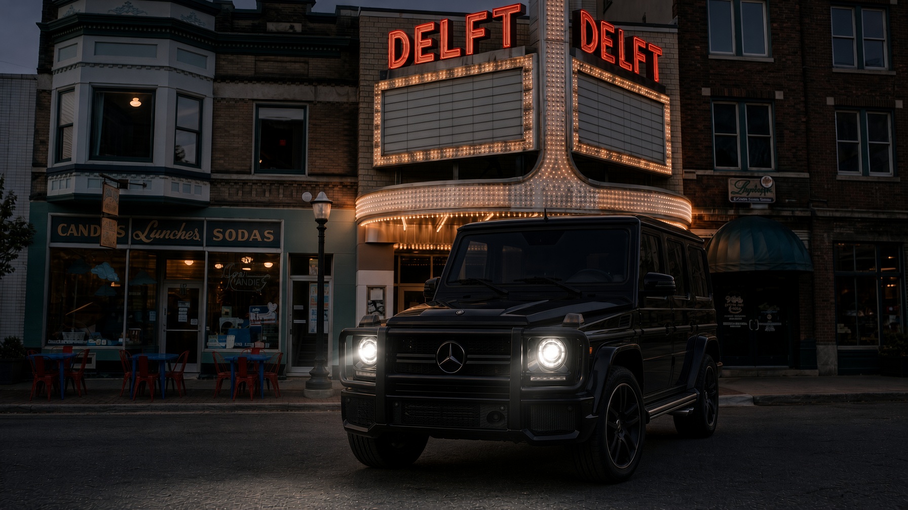 Blacked-out Mercedes-AMG G63 parked under the Delft Theatre marquee in downtown Marquette at dusk